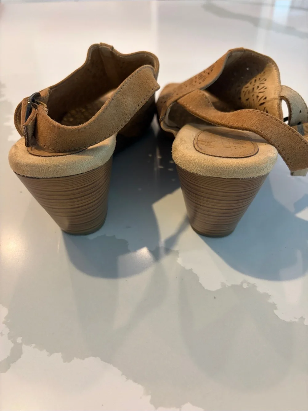 Women's Size 9 Tan Perforated Wedge Slingback Sandals